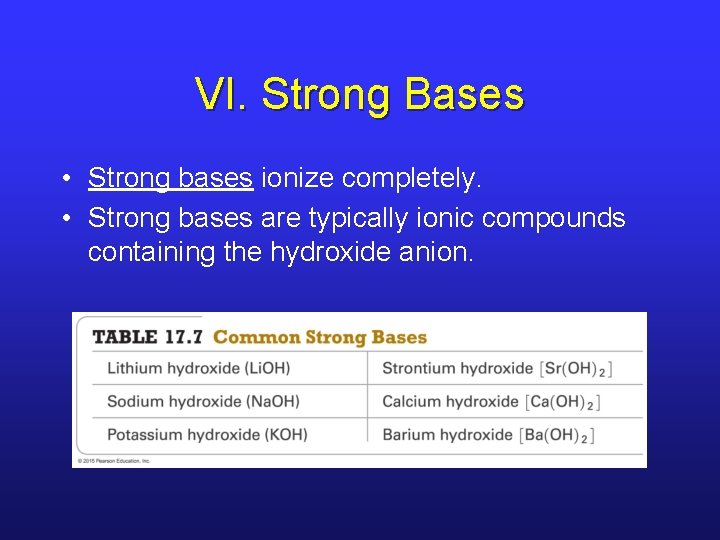 VI. Strong Bases • Strong bases ionize completely. • Strong bases are typically ionic