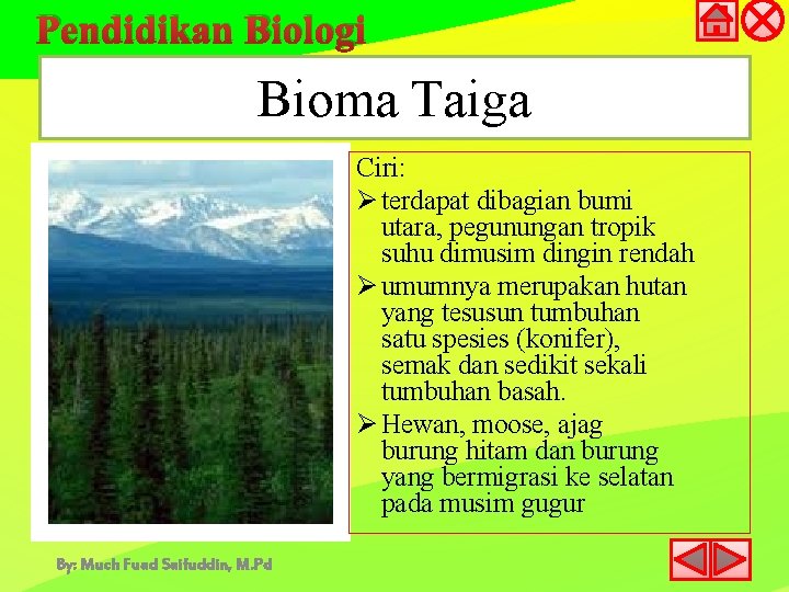 Pendidikan Biologi Bioma Taiga Ciri: Ø terdapat dibagian bumi utara, pegunungan tropik suhu dimusim