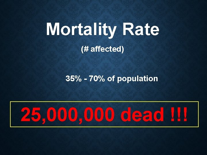 Mortality Rate (# affected) 35% - 70% of population 25, 000 dead !!! 