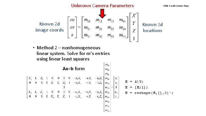 Unknown Camera Parameters Known 2 d image coords Slide Credit: James Hays Known 3
