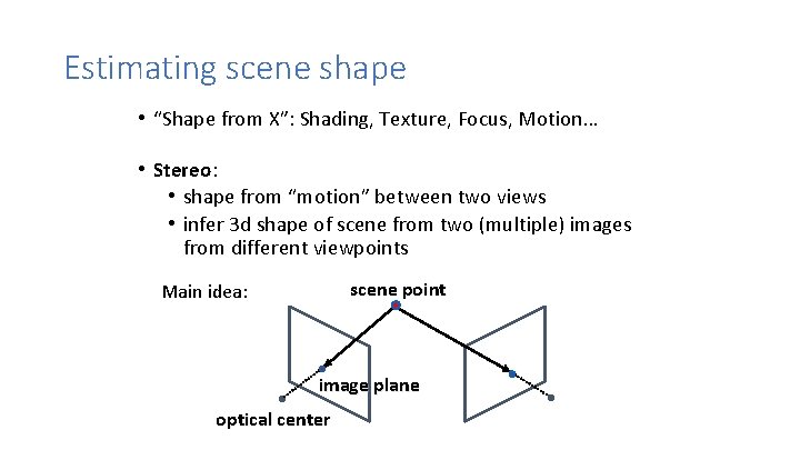 Estimating scene shape • “Shape from X”: Shading, Texture, Focus, Motion… • Stereo: •