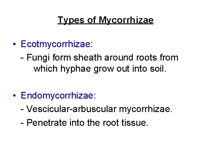 Types of Mycorrhizae • Ecotmycorrhizae: - Fungi form sheath around roots from which hyphae