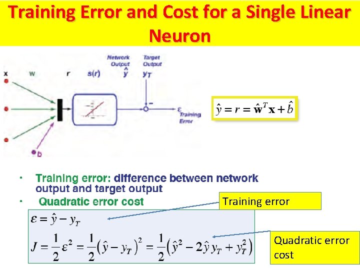 Training Error and Cost for a Single Linear Neuron Training error Quadratic error cost Training Error and Cost for a Single Linear Neuron Training error Quadratic error cost