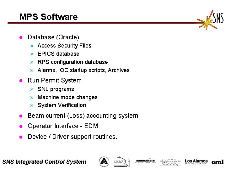 MPS Software l Database (Oracle) » » l Access Security Files EPICS database RPS