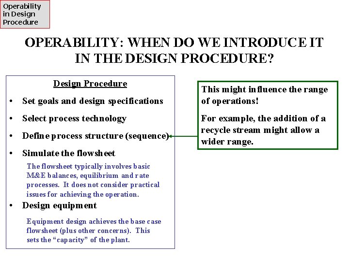 Operability in Design Procedure OPERABILITY: WHEN DO WE INTRODUCE IT IN THE DESIGN PROCEDURE?