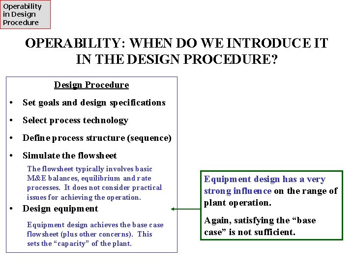 Operability in Design Procedure OPERABILITY: WHEN DO WE INTRODUCE IT IN THE DESIGN PROCEDURE?
