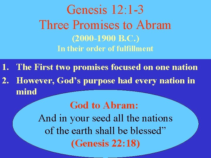Genesis 12: 1 -3 Three Promises to Abram (2000 -1900 B. C. ) In