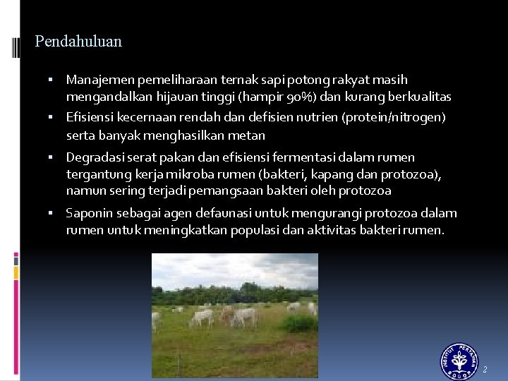 Pendahuluan Manajemen pemeliharaan ternak sapi potong rakyat masih mengandalkan hijauan tinggi (hampir 90%) dan