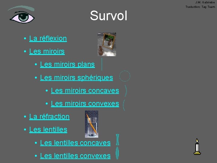 Survol • La réflexion • Les miroirs plans • Les miroirs sphériques • Les