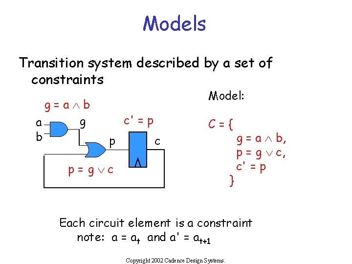 Models Transition system described by a set of constraints g=aÙb g a b Model: