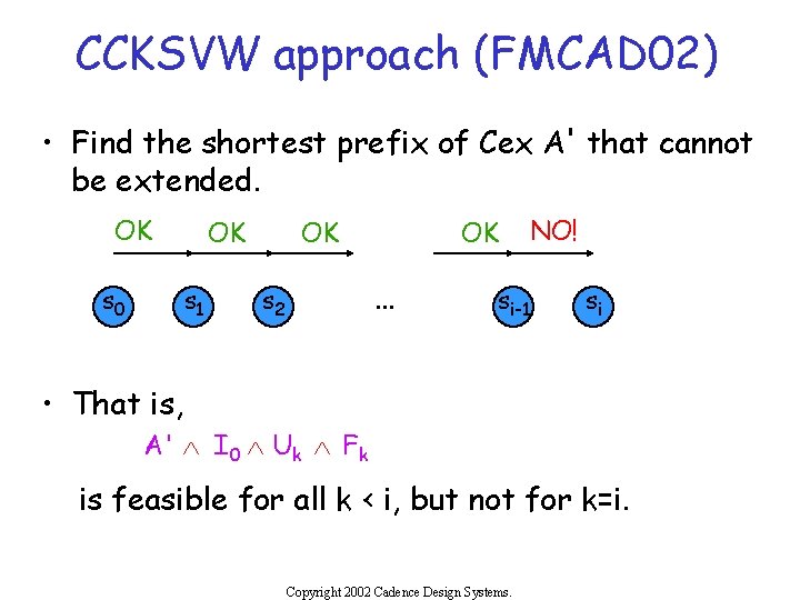 CCKSVW approach (FMCAD 02) • Find the shortest prefix of Cex A' that cannot