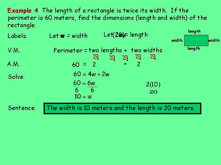 Example 4 The length of a rectangle is twice its width. If the perimeter