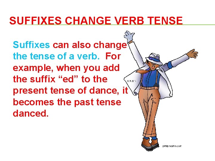 SUFFIXES CHANGE VERB TENSE Suffixes can also change the tense of a verb. For