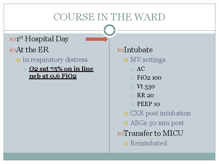 COURSE IN THE WARD 1 st Hospital Day At the ER In respiratory distress