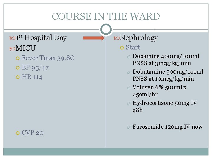 COURSE IN THE WARD 1 st Hospital Day MICU Fever Tmax 39. 8 C