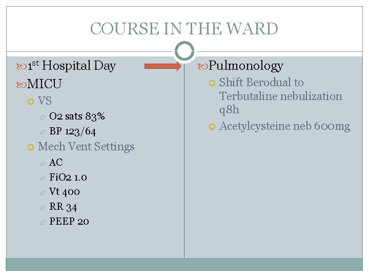 COURSE IN THE WARD 1 st Hospital Day MICU VS O 2 sats 83%