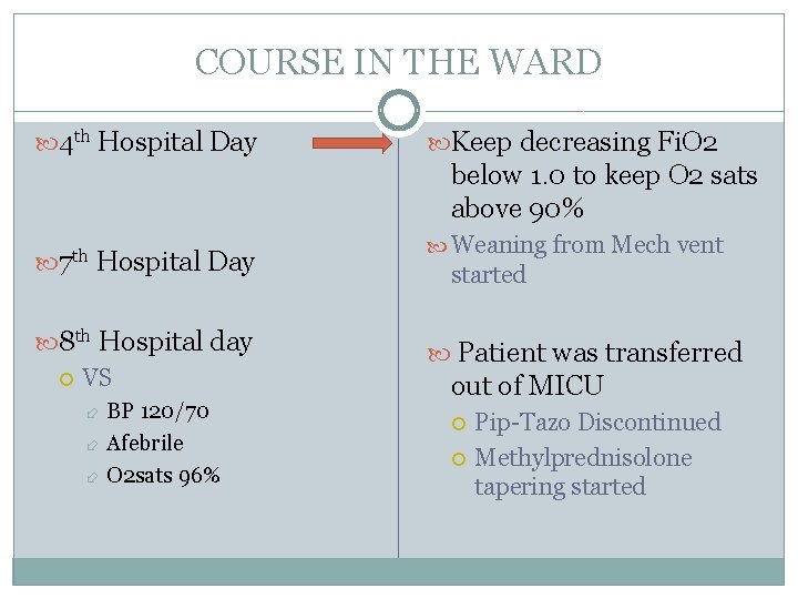 COURSE IN THE WARD 4 th Hospital Day Keep decreasing Fi. O 2 below