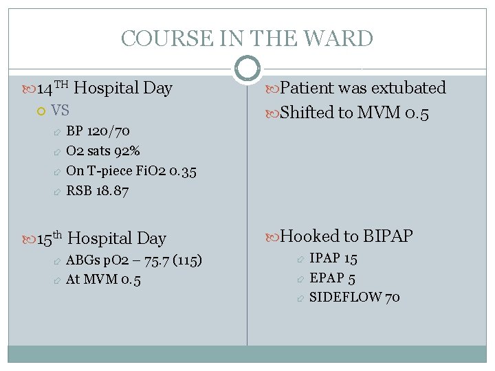 COURSE IN THE WARD 14 TH Hospital Day VS Patient was extubated Shifted to