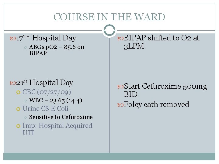 COURSE IN THE WARD 17 TH Hospital Day ABGs p. O 2 – 85.