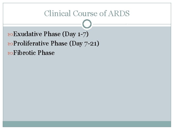 Clinical Course of ARDS Exudative Phase (Day 1 -7) Proliferative Phase (Day 7 -21)