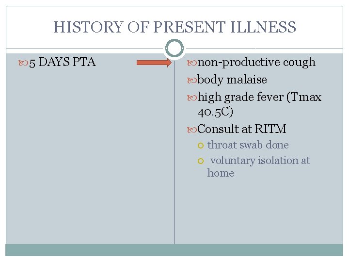 HISTORY OF PRESENT ILLNESS 5 DAYS PTA non-productive cough body malaise high grade fever