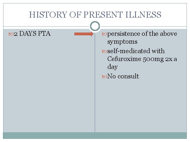 HISTORY OF PRESENT ILLNESS 2 DAYS PTA persistence of the above symptoms self-medicated with