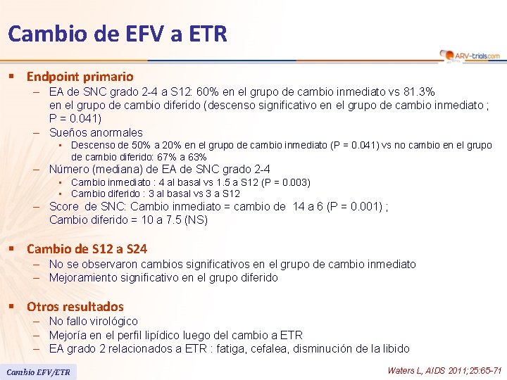 Cambio de EFV a ETR § Endpoint primario – EA de SNC grado 2