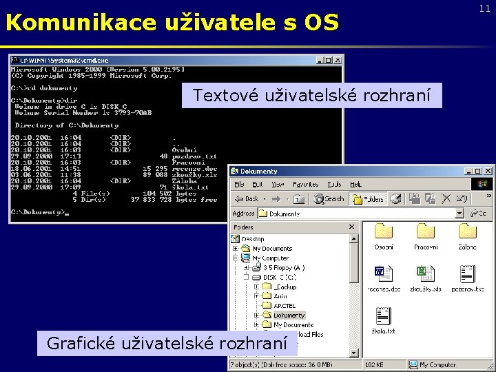 Komunikace uživatele s OS Textové uživatelské rozhraní Grafické uživatelské rozhraní 11 