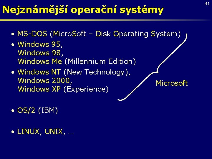 Nejznámější operační systémy • MS-DOS (Micro. Soft – Disk Operating System) • Windows 95,
