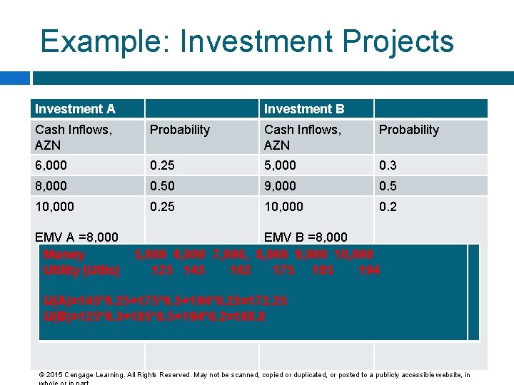 Example: Investment Projects Investment A Investment B Cash Inflows, AZN Probability 6, 000 0.