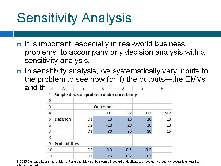 Sensitivity Analysis It is important, especially in real-world business problems, to accompany decision analysis