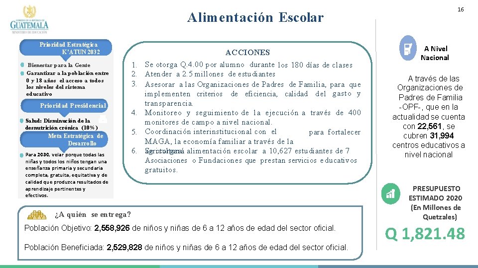 16 Alimentación Escolar Prioridad Estratégica K’ATUN 2032 Bienestar para la Gente Garantizar a la