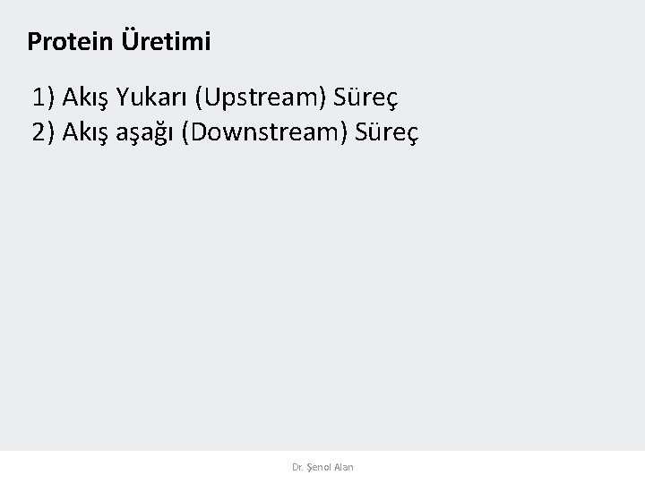 Protein Üretimi 1) Akış Yukarı (Upstream) Süreç 2) Akış aşağı (Downstream) Süreç Dr. Şenol