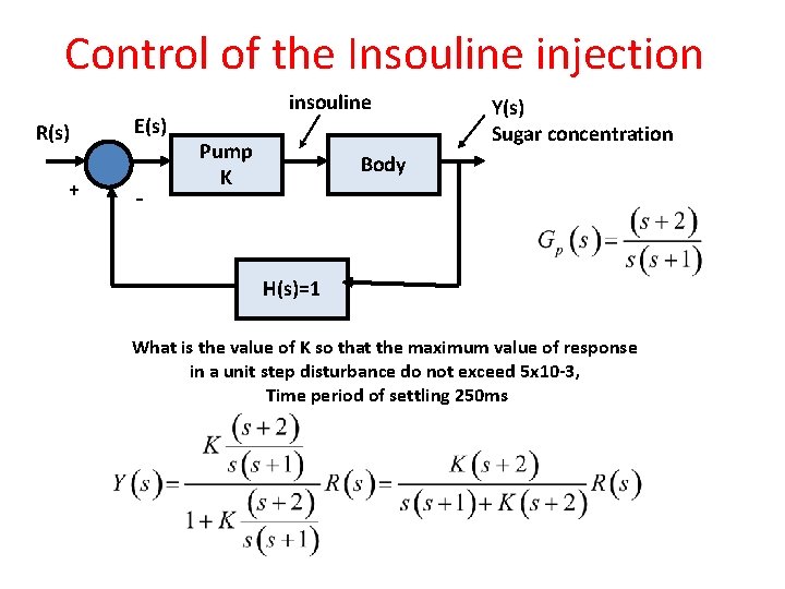 Control of the Insouline injection R(s) + E(s) - insouline Pump Κ Y(s) Sugar