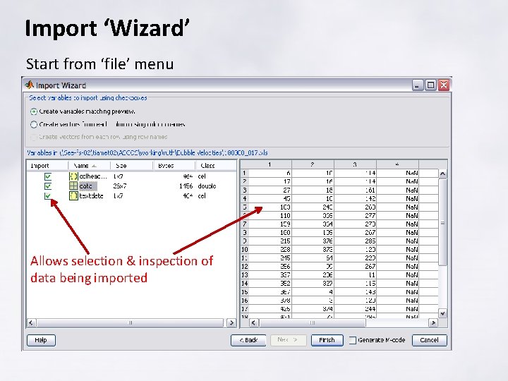 Import ‘Wizard’ Start from ‘file’ menu Allows selection & inspection of data being imported