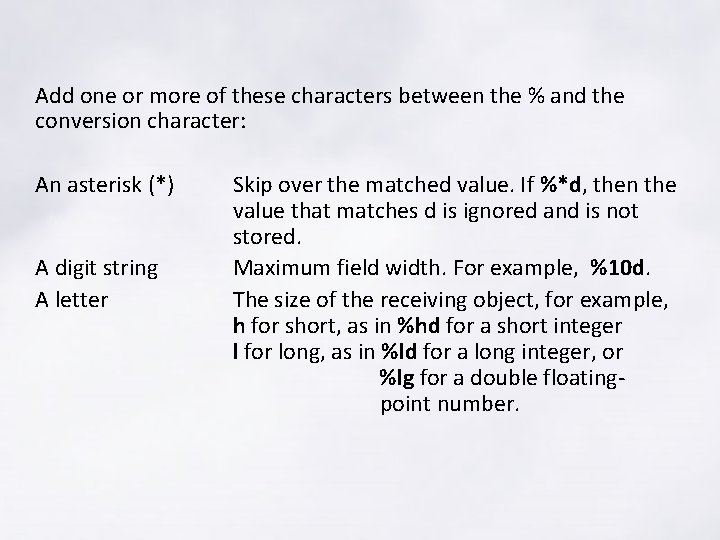 Add one or more of these characters between the % and the conversion character: