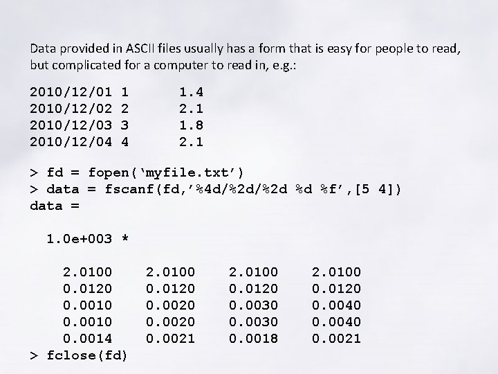 Data provided in ASCII files usually has a form that is easy for people