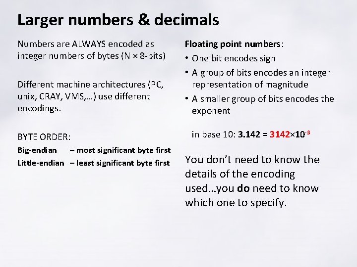 Larger numbers & decimals Numbers are ALWAYS encoded as integer numbers of bytes (N