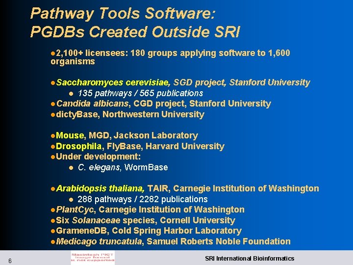 Pathway Tools Software: PGDBs Created Outside SRI l 2, 100+ licensees: 180 groups applying