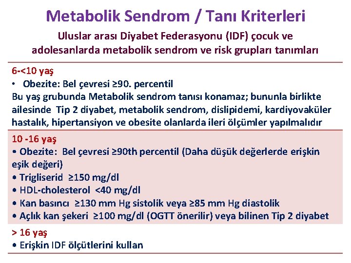 Metabolik Sendrom / Tanı Kriterleri Uluslar arası Diyabet Federasyonu (IDF) çocuk ve adolesanlarda metabolik