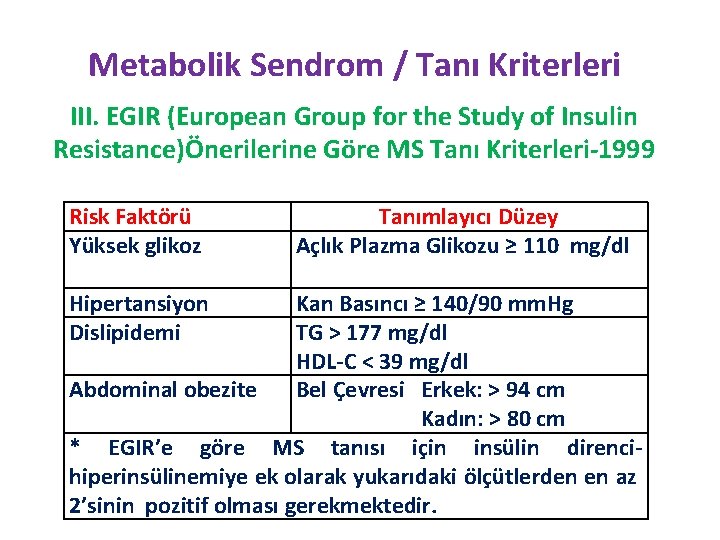 Metabolik Sendrom / Tanı Kriterleri III. EGIR (European Group for the Study of Insulin