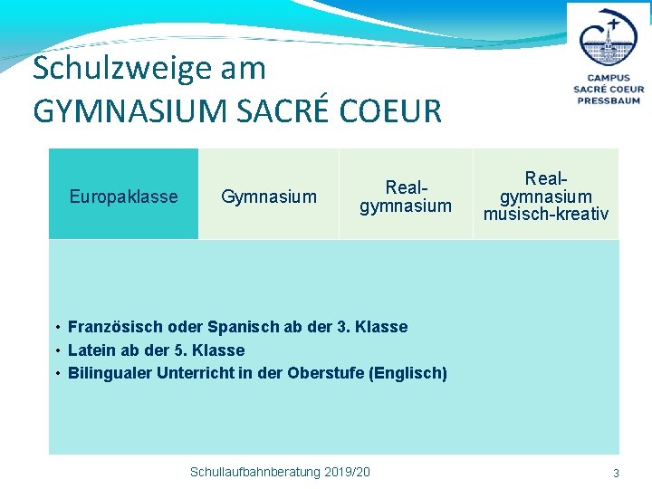 Schulzweige am GYMNASIUM SACRÉ COEUR Europaklasse Gymnasium Realgymnasium musisch-kreativ • Französisch oder Spanisch ab