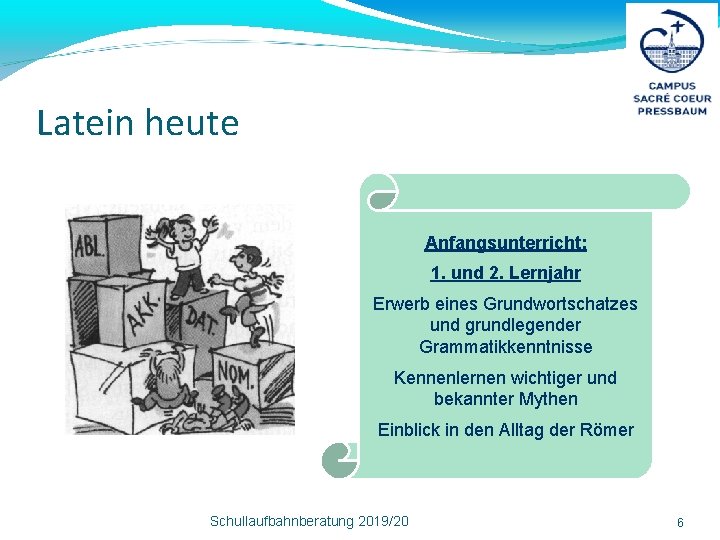 Latein heute Anfangsunterricht: 1. und 2. Lernjahr Erwerb eines Grundwortschatzes und grundlegender Grammatikkenntnisse Kennenlernen