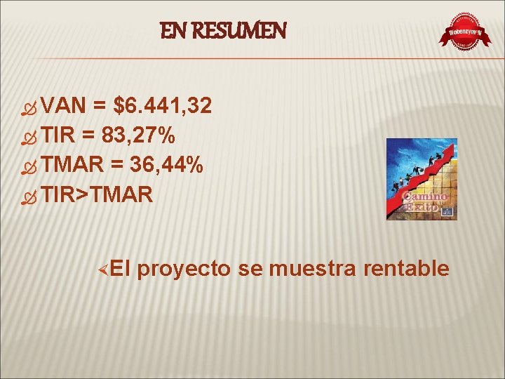 EN RESUMEN VAN = $6. 441, 32 TIR = 83, 27% TMAR = 36,