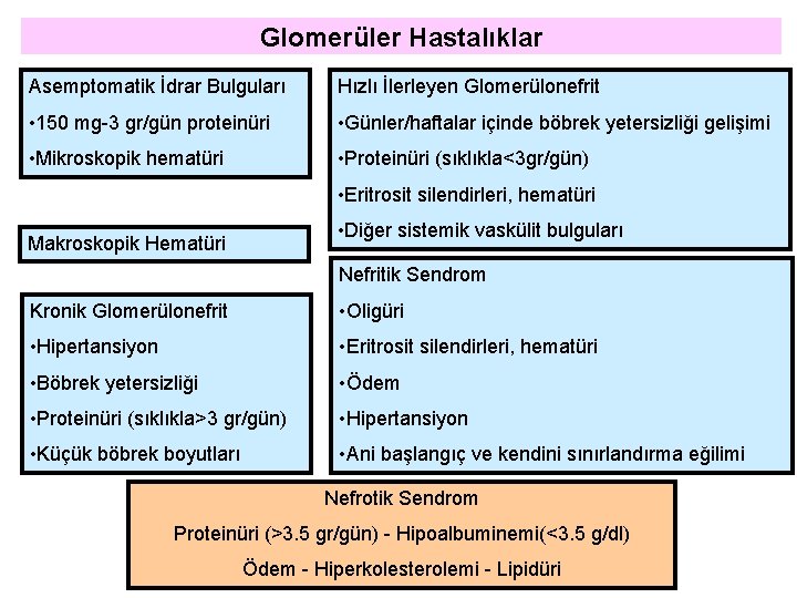 Glomerüler Hastalıklar Asemptomatik İdrar Bulguları Hızlı İlerleyen Glomerülonefrit • 150 mg-3 gr/gün proteinüri •