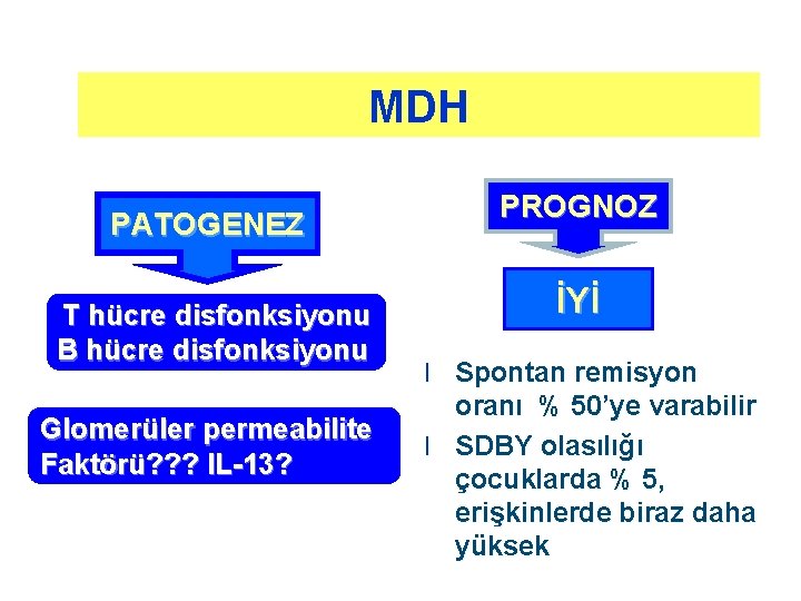 MDH PATOGENEZ T hücre disfonksiyonu B hücre disfonksiyonu Glomerüler permeabilite Faktörü? ? ? IL-13?
