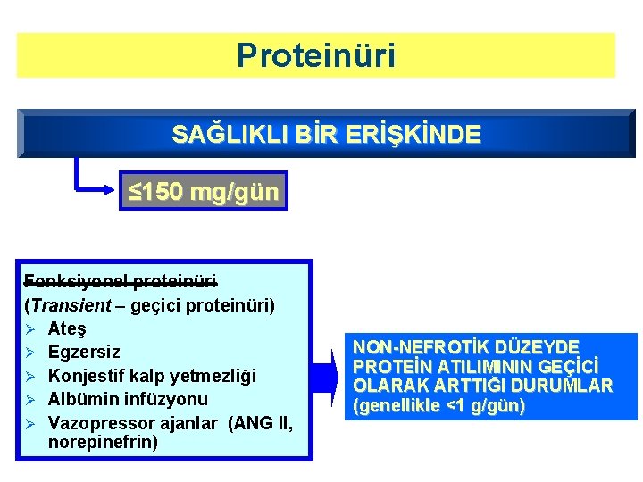 Proteinüri SAĞLIKLI BİR ERİŞKİNDE ≤ 150 mg/gün Fonksiyonel proteinüri (Transient – geçici proteinüri) Ø