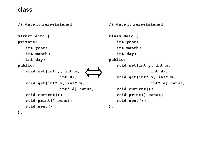 class // date. h rerevisioned struct date { private: int year; int month; int