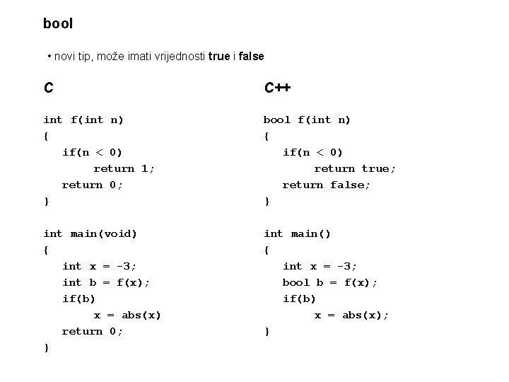 bool • novi tip, može imati vrijednosti true i false C C++ int f(int