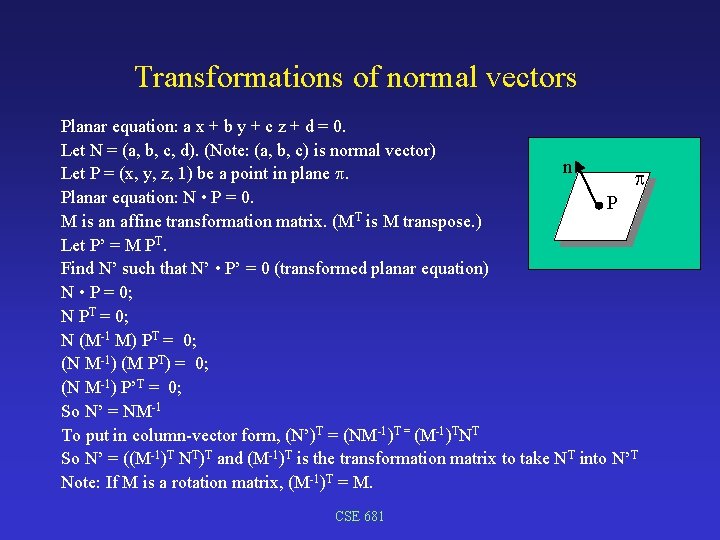 Transformations of normal vectors Planar equation: a x + b y + c z